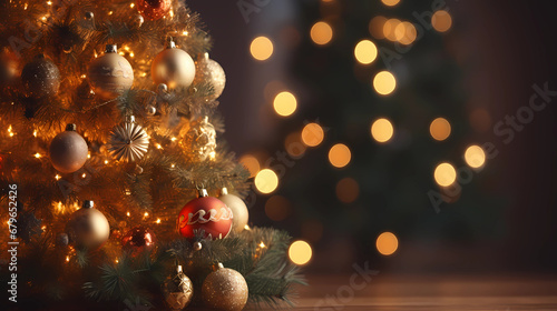 Christmas Tree With Baubles And Blurred Shiny Lights - Generated by Generative AI