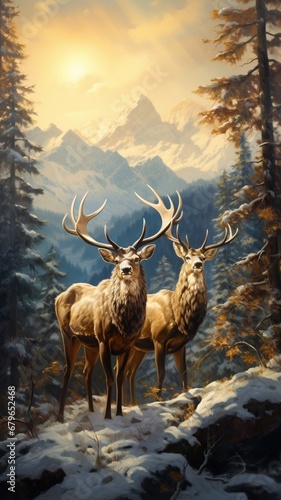 Two stag in the forest in winter slovene landscape Ai generated art