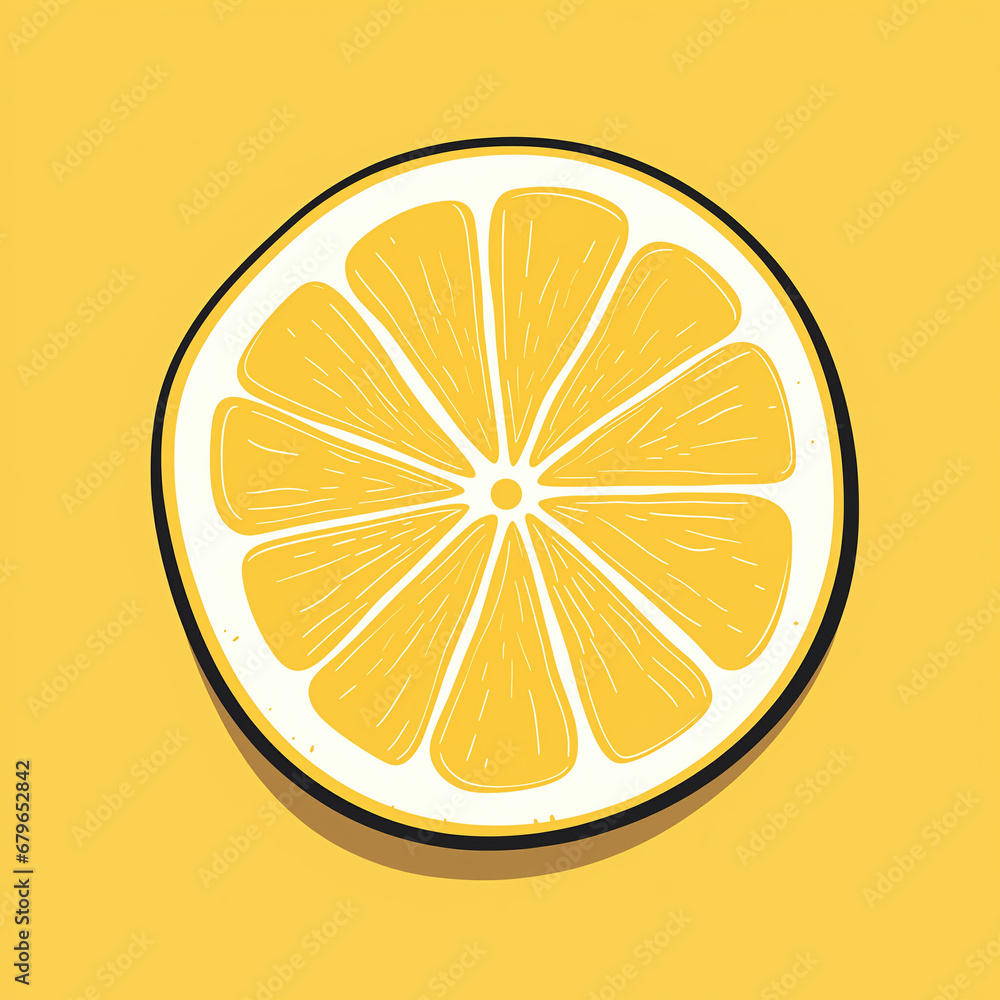A minimalist graphic of a yellow lemon slice. Flat clean cartoon 2D illustration style A minimalist graphic of a yellow lemon slice. Flat clean cartoon 2D illustration style