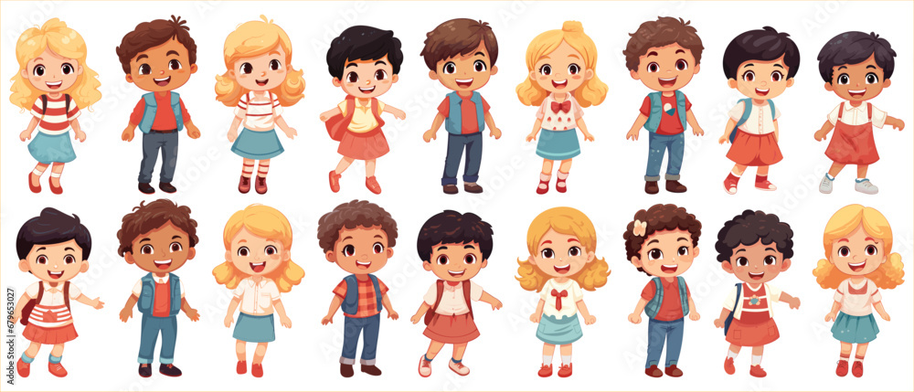 Set of Happy multiethnic preschool girls and boy standing in different expressions, Cute kids cartoon with different expressions, Set of funny and cute little boy and girl with different expressions Set of Happy multiethnic preschool girls and boy standing in different expressions, Cute kids cartoon with different expressions, Set of funny and cute little boy and girl with different expressions