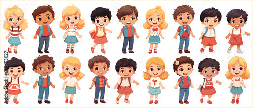 Set of Happy multiethnic preschool girls and boy standing in different expressions, Cute kids cartoon with different expressions, Set of funny and cute little boy and girl with different expressions photo