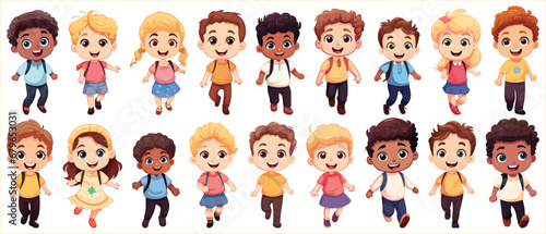 Set of Happy multiethnic preschool girls and boy standing in different expressions, Cute kids cartoon with different expressions, Set of funny and cute little boy and girl with different expressions