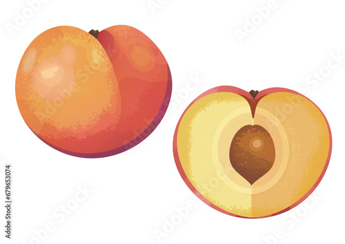 Illustrated peach sliced whole graphic icon isolated on a white background