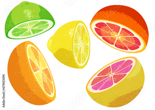 Illustrated assorted sliced citrus fruits graphic icon isolated on a white background
