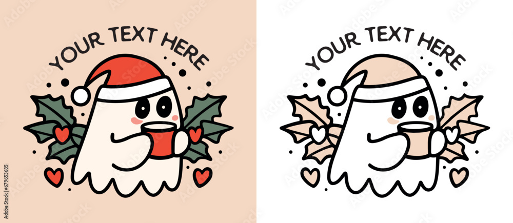 Christmas ghost drinking coffee illustration. Sheet ghost wearing a Santa hat and holding a mug. Holiday season aesthetic cute flat design. Minimalist vector illustration for print products.