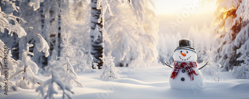 Winter background with a snowman in a winter snowy forest. New Year header for a website with Copy space.