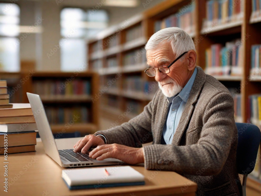 Portrait of a senior man sitting in library and working on laptop.IA generativa Portrait of a senior man sitting in library and working on laptop.IA generativa