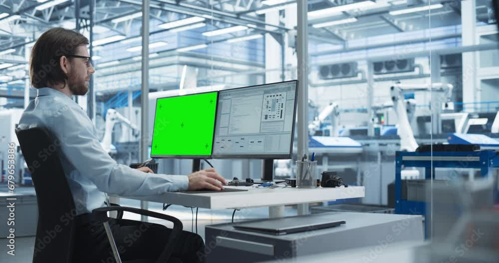 Young Software Developer Working on a Desktop Computer with Green Screen Chromakey Mock Up Display in a Factory Office. Technological Research and Development Plant with Automated Assembly Line Young Software Developer Working on a Desktop Computer with Green Screen Chromakey Mock Up Display in a Factory Office. Technological Research and Development Plant with Automated Assembly Line