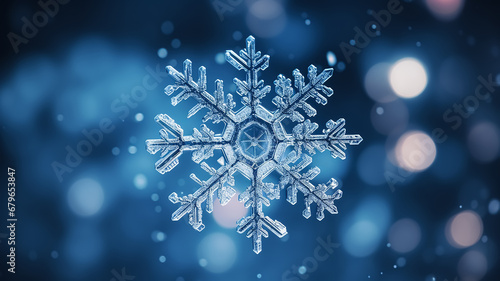 Winter background with macro shot of a snowflake close up. New Year header for a website with Copy space. © Victoria