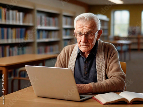 Elderly man sitting in library with laptop computer and reading book.IA generativa © ismael