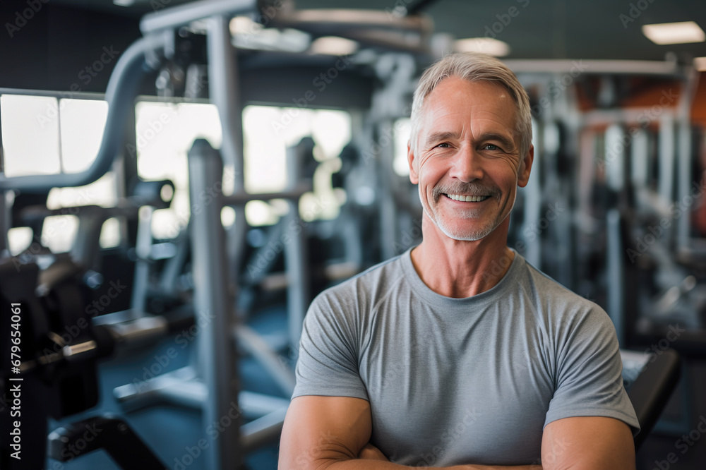 smiling senior man at gym. Concept of healthy active lifestyle on retirement