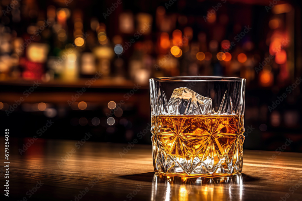 glass of whiskey on table blurred pub on the background glass of whiskey on table blurred pub on the background