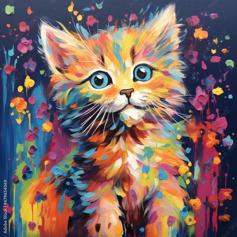 Fototapeta Very happy rainbow colored watercolor kitten painting AI generated art