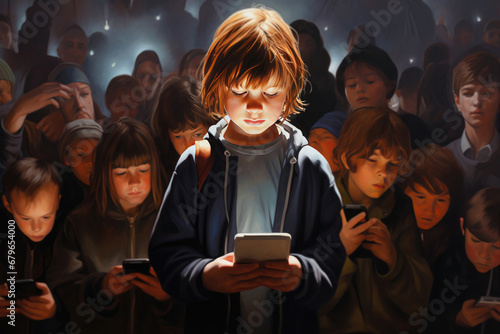 child look in smartphone and standing in crowd of children with mobile phones. Concept of gadget addiction