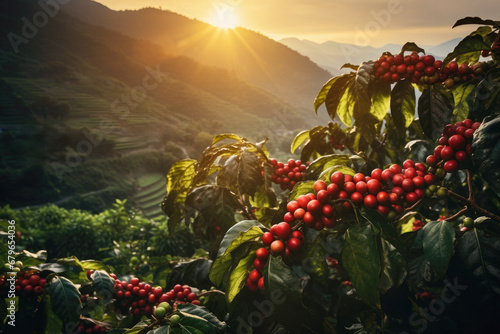 branch of ripe red coffee beans growing in mountain at sunset photo