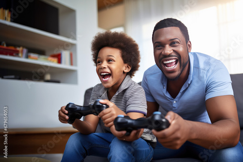 African American father and son laugh and play video games together