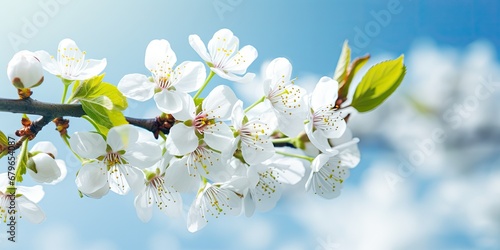 Beautiful White Cherry Flowers in Spring Garden over Nature Background