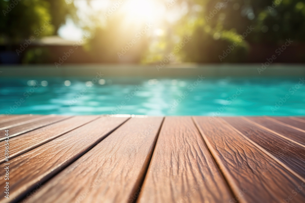 empty wooden board with swimming pool on the background