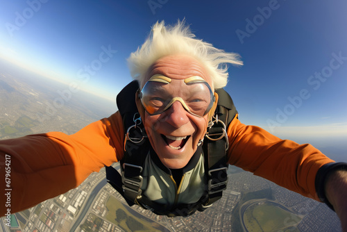 portrait of funny senior man on parachute