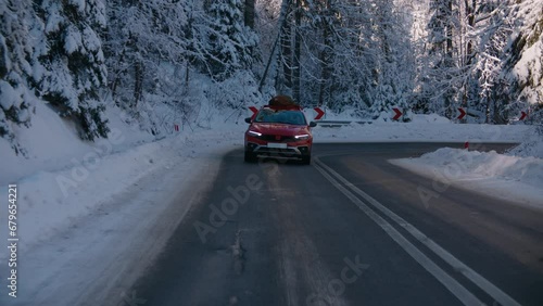 TRACKING Family driving home with a Christmas tree tied to a roof of a generic red car against beautiful mountain landscape (ID: 679654221)