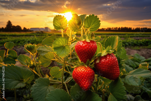 red strawberries growing in field at sunset