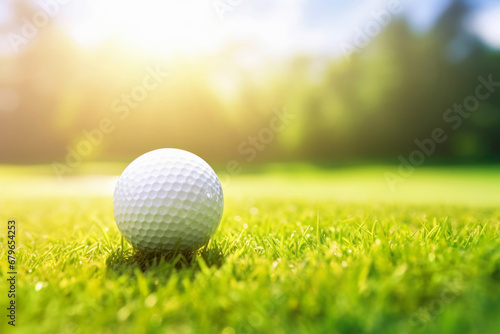 golf ball on green grass with sunlight and blurred background