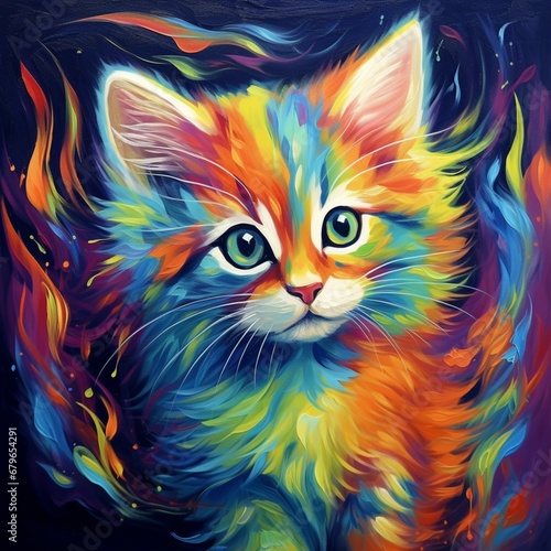 Very happy rainbow colored watercolor kitten painting AI generated pictures
