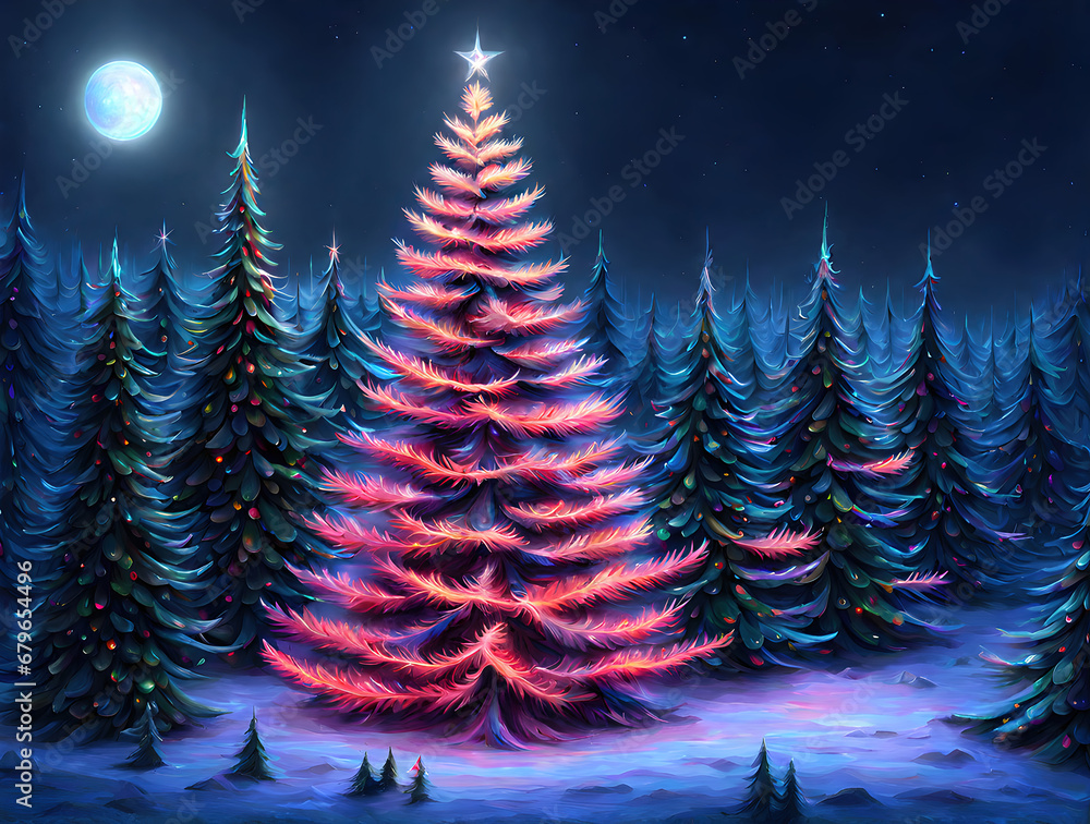 Paisaje de Navidad con abetos y pinos pintados. Ilustración navideña ...