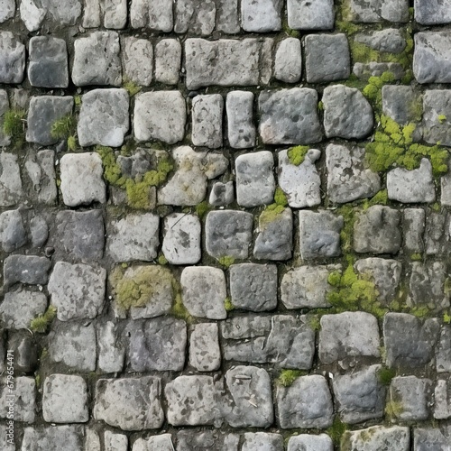 Grey Old Stone Pavement Top View, Granite Cobblestone Road, Green Moss, Wet Surface