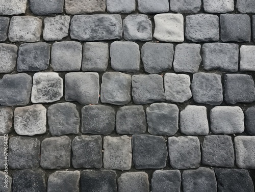 Grey Old Stone Pavement Top View, Granite Cobblestone Road, Green Moss, Wet Surface