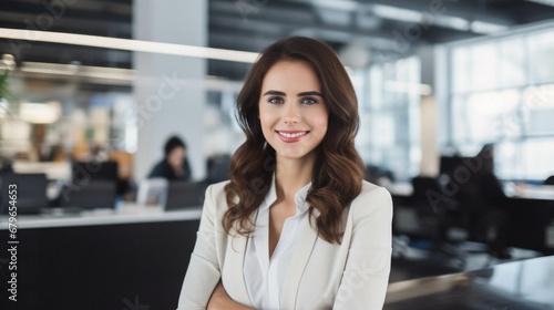 Young beautiful businesswoman smiling in office.