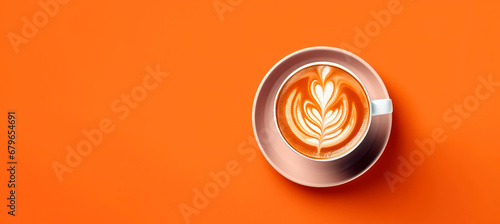 Banner of cup of coffee with latte art over orange background and copy space. Top view photo.
