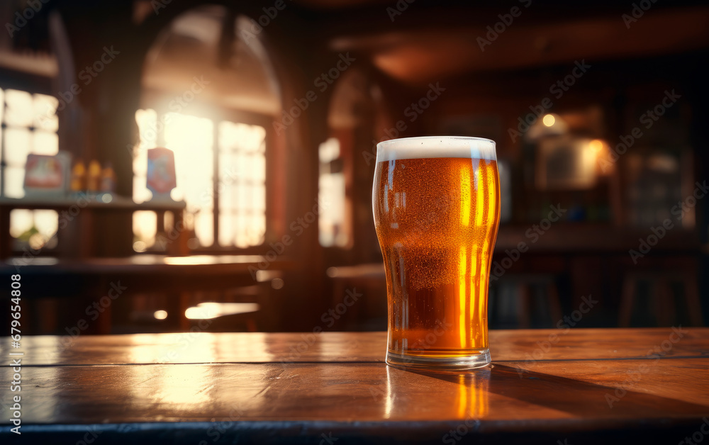 Glass of fresh and cold beer over nice wooden table at bar with sunlight from window. Still life photo of beer for product presentation with copy space.