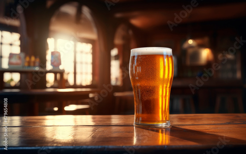 Glass of fresh and cold beer over nice wooden table at bar with sunlight from window. Still life photo of beer for product presentation with copy space.