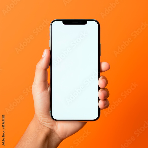 Mockup of hand holding smartphone with blank screen. Colorful orange square photo with copy space.	 photo
