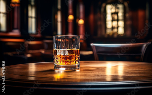 Glass of fresh and cold whiskey over nice wooden table at bar with sunlight from window. Still life photo of whiskey for product presentation with copy space.