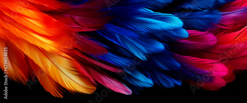 Colorful feathers banner for Carnival or festivals. Beautiful feathers in blue, yellow, red and purple colors with copy space.