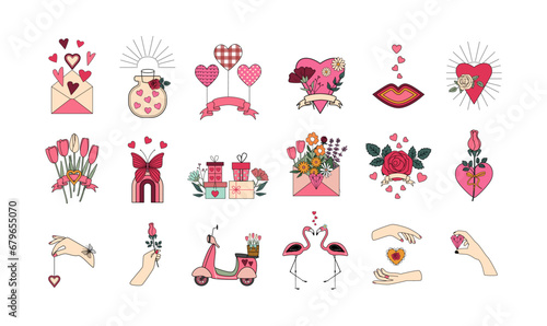 Fototapeta Naklejka Na Ścianę i Meble -  Retro vintage Valentine's day clipart. Romantic symbols. Groovy hearts, flowers, love mail, gifts, hands, flamingo, scooter, rainbow, butterfly.