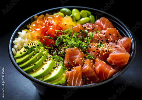 Poke with Hawaiian salmon, rice, avocado, green beans, sprinkled with sesame seeds and green onions.