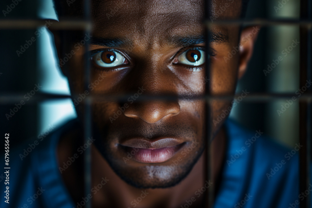 Generative AI portrait of criminal person trapped jailed wearing orange prison uniform Generative AI portrait of criminal person trapped jailed wearing orange prison uniform