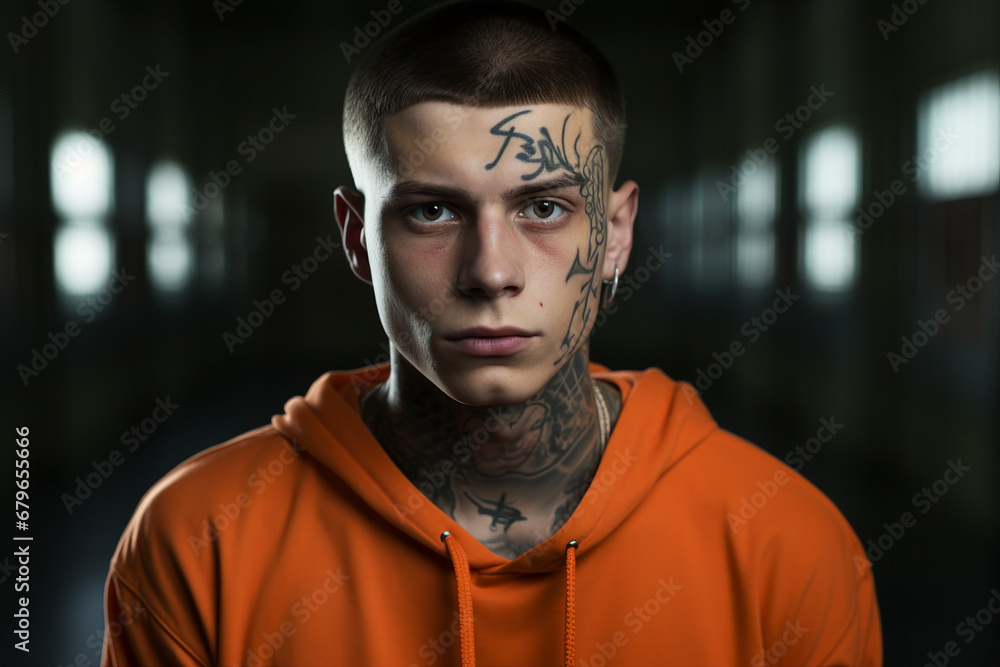 Generative AI portrait of criminal person trapped jailed wearing orange prison uniform Generative AI portrait of criminal person trapped jailed wearing orange prison uniform