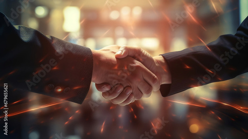Handshake between two businessmen in an office meeting on blurred flare bokeh abstract background