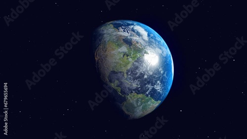 Planet earth in space with calm camera movement panning around showing colourful bright and beautiful view from night to daytime of various continents. Realistic 3d render animation