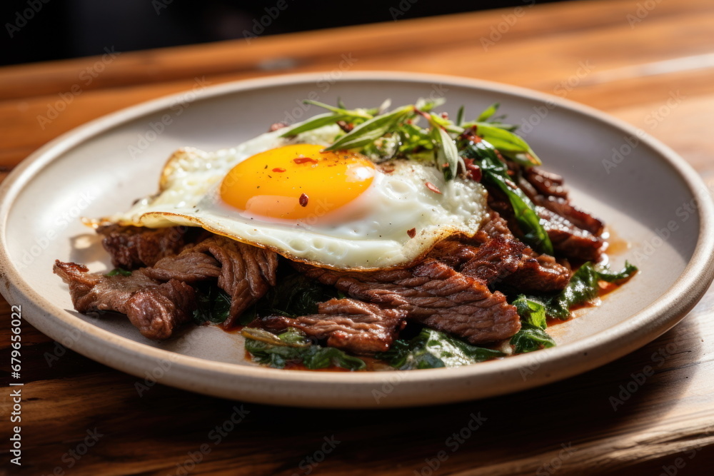 Beef and basil with fried egg, thai food Beef and basil with fried egg, thai food