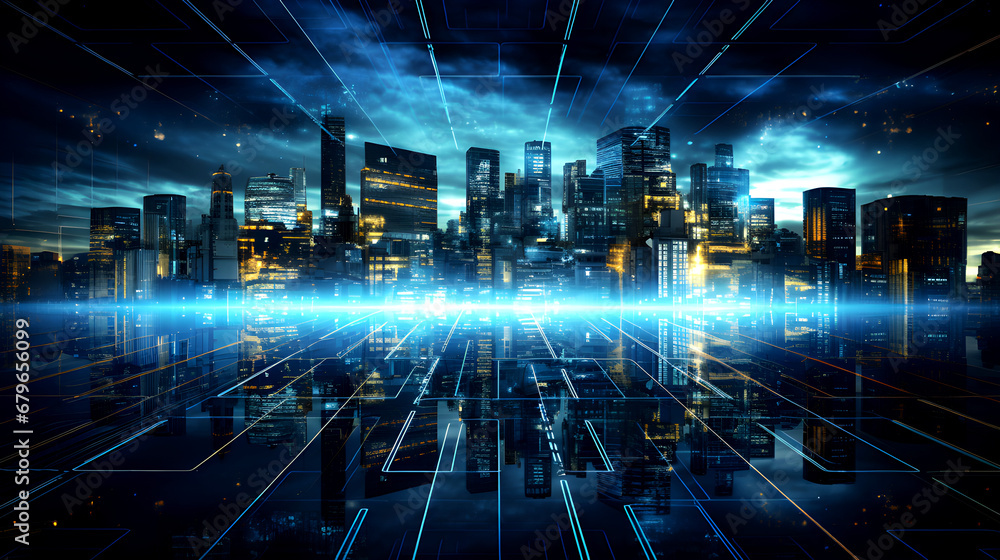 vibrant city skyline superimposed over a digital network grid, symbolizing a modern, connected, high-tech metropolis or smart city vibrant city skyline superimposed over a digital network grid, symbolizing a modern, connected, high-tech metropolis or smart city