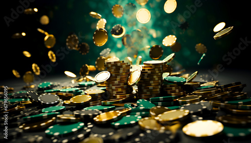 stacks of gold and green casino chips with some coins, scattered and flying in the air against a dark, sparkling background