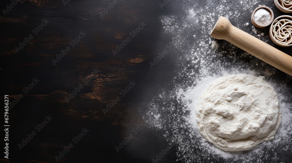 Rolling Pin And white flour on a Dark background Rolling Pin And white flour on a Dark background