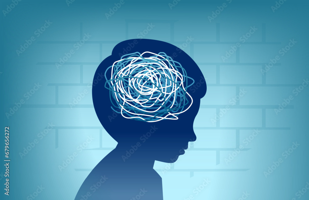 Vector of a child with a psychological trauma, mood disorder or mental health problem - obrazy, fototapety, plakaty 