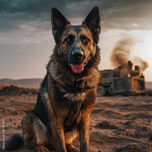 German dog dressed infantry soldier leash illustration image AI generated art