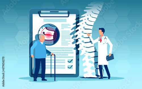 Orthopedic doctor examines lower back pain in an elderly patient, gives consultation, advice